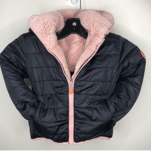 Save the Duck Girls Mimi Reversible Black Puffer Pink Faux Fur